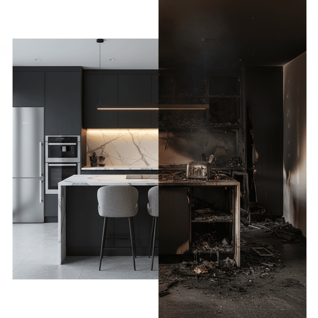 High-end kitchen half pristine, half fire-damaged, illustrating restoration needs