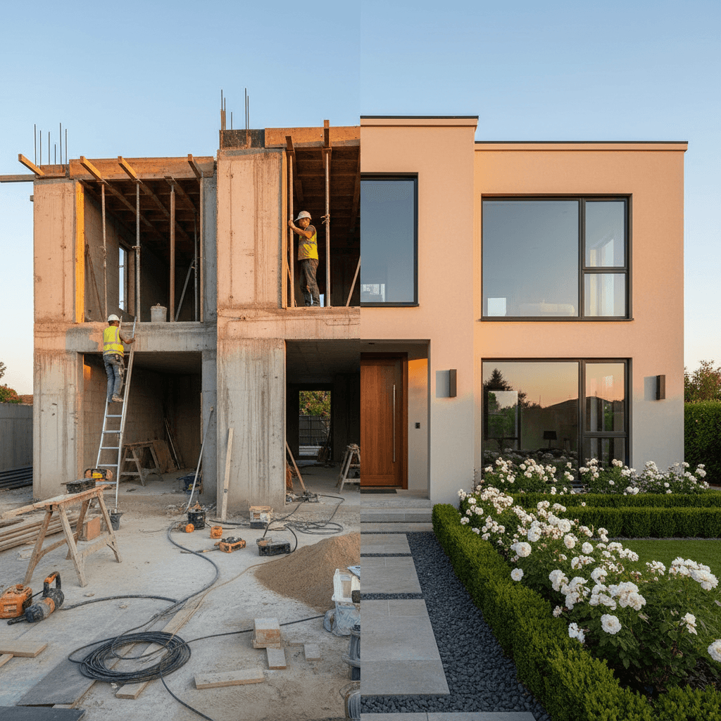 House half under construction, half beautifully finished, showing transformation
