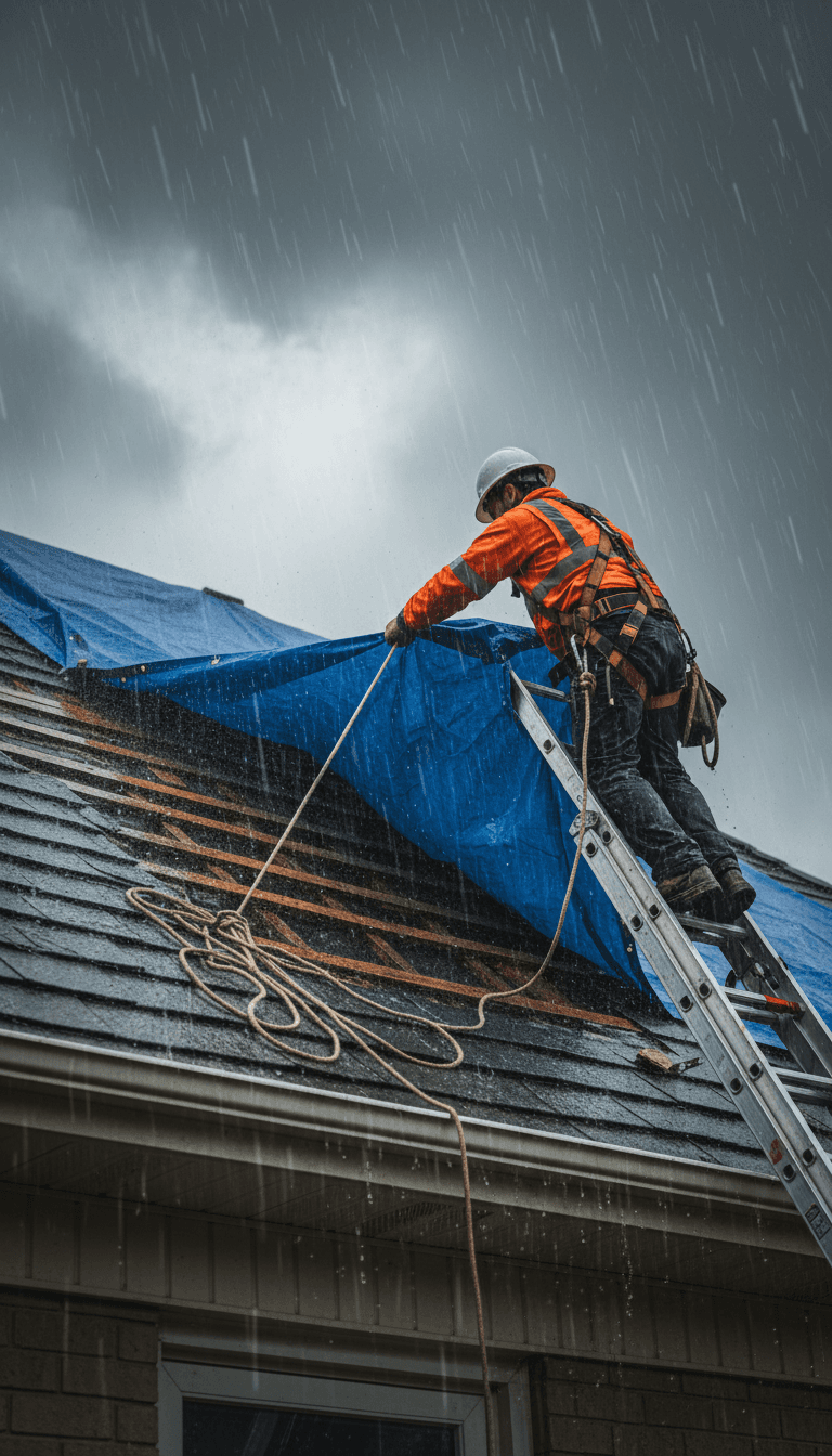 Professional roofer in safety gear securing emergency tarping over storm-damaged roof section in heavy rainfall