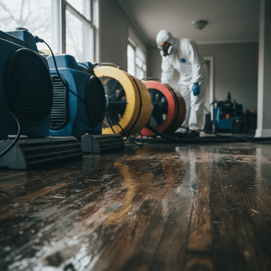 Professional dehumidifiers and air movers positioned on wet hardwood flooring during water damage restoration work